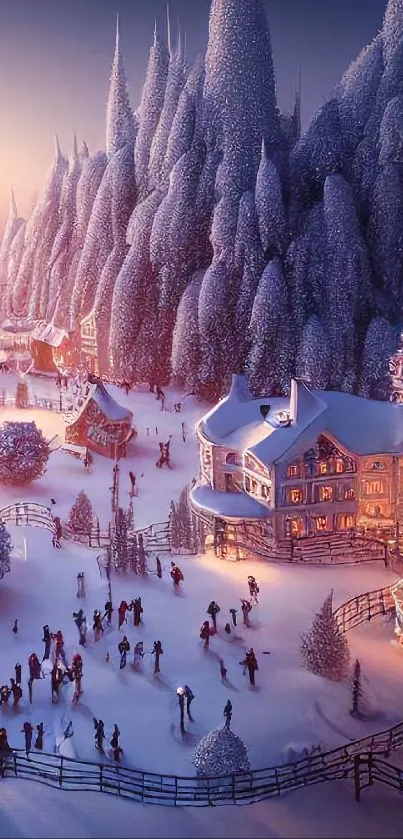 Enchanting snowy village illuminated by warm festive lights at dusk.