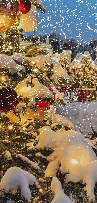 Snowy Christmas tree with festive lights in a charming winter village.