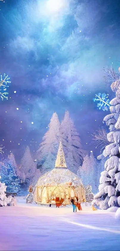 Enchanting snowy scene with igloo under starry sky.