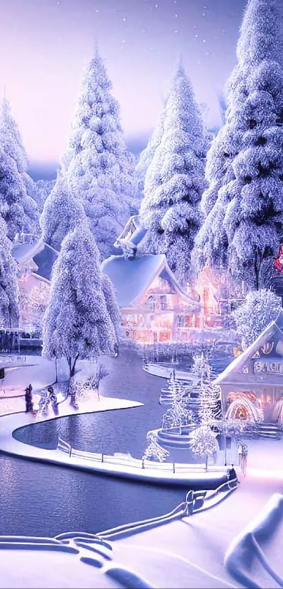 Snowy village in a serene winter wonderland at twilight.