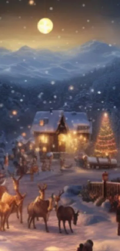 An enchanting winter scene with reindeer in a snowy village under a full moon.