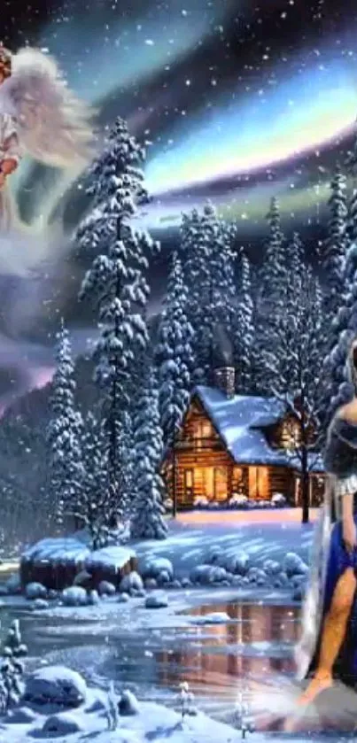 Enchanting winter scene with cabin and aurora borealis.