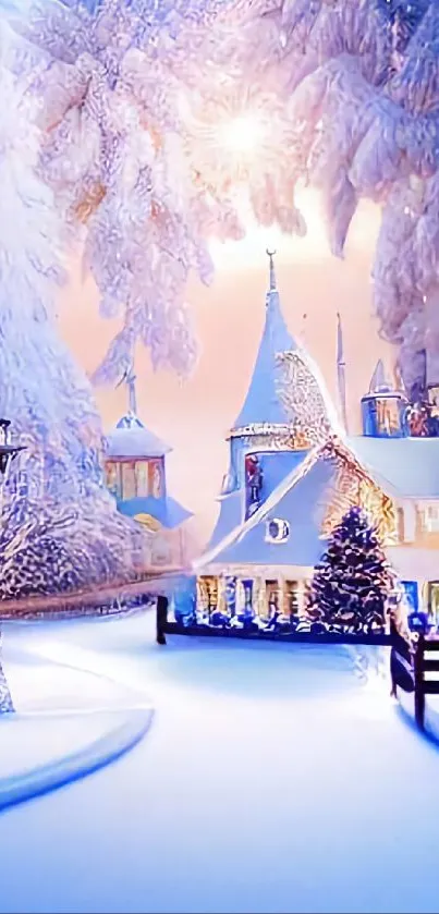 Winter wonderland wallpaper with snow-covered cottages and frosty blue trees.