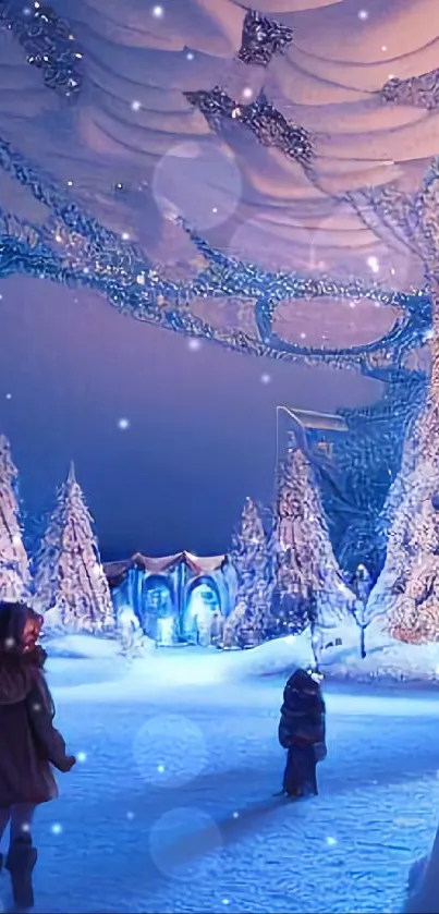 Enchanting winter wonderland with snow-covered trees and a magical blue aura.