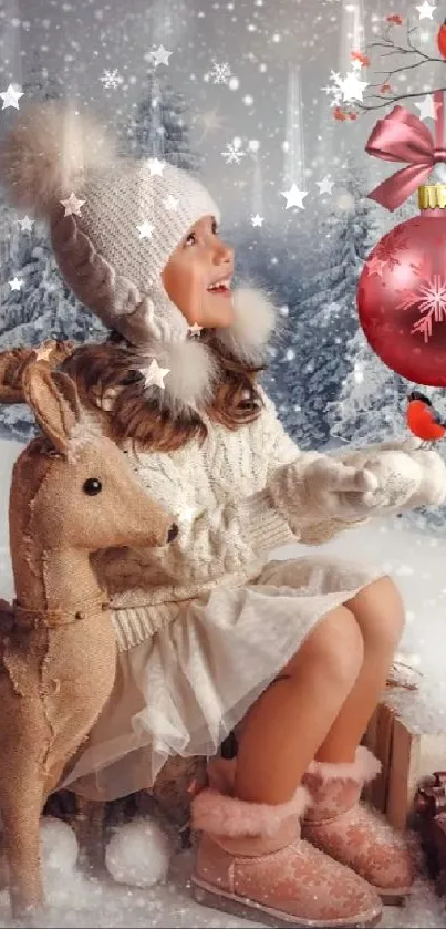 Girl with reindeer in snowy winter wonderland with festive ornament.