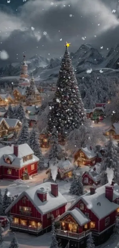 Winter village with tall Christmas tree covered in snow.