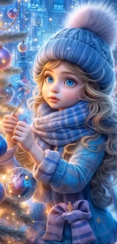 Girl in winter theme surrounded by glowing decorations and blue hues.