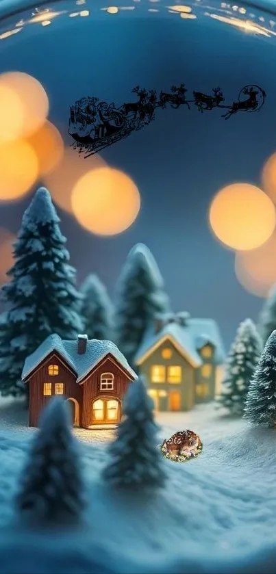 Snowy village with glowing lights and Santa's silhouette.