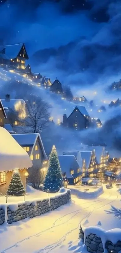Snow-covered village with glowing lights under a starry winter night.