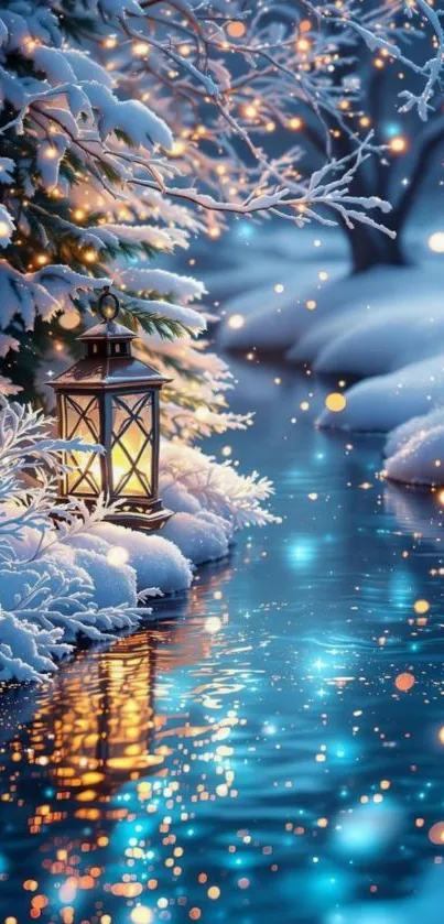 Snowy winter scene with a lantern and a frozen stream.