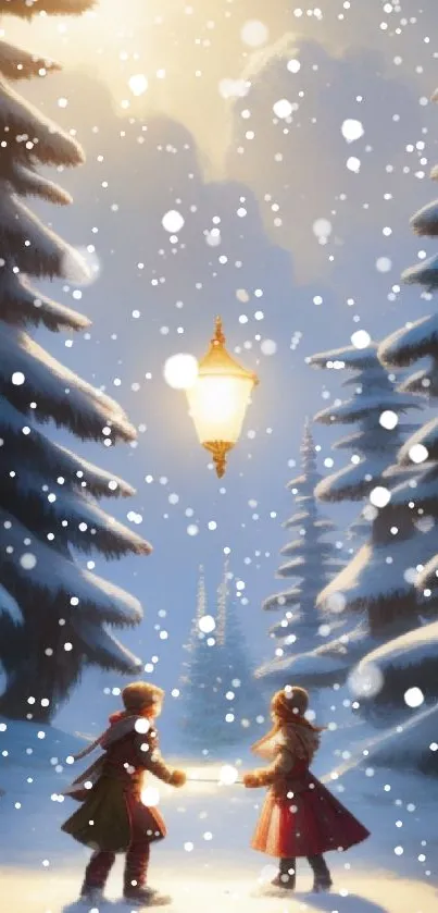 Two figures in a snowy forest by a glowing street lamp.