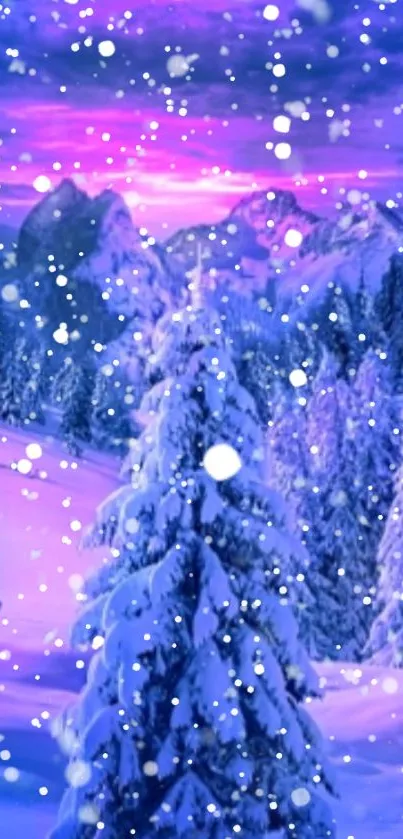 Snowy pines in a winter wonderland under a purple sky.