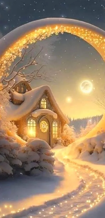 Magical winter night with glowing path through the snow toward a cozy house.