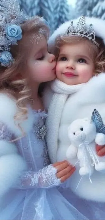Two children in white fur in a snowy wonderland scene.