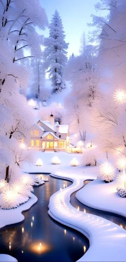 Enchanting winter scene with snowy trees and a cozy house.