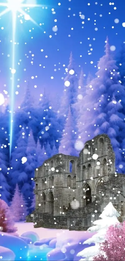 Winter landscape with ruins under starry night sky and snowy forest.