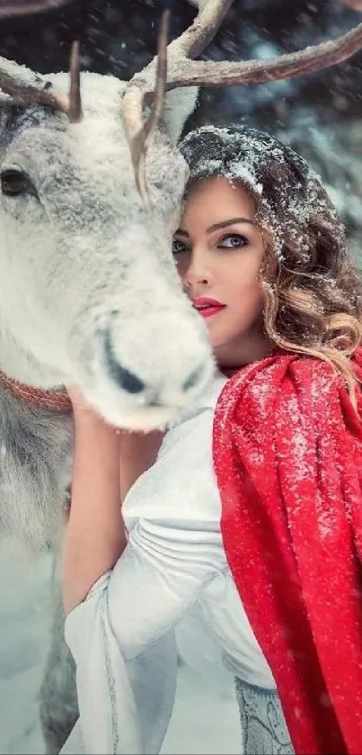 Woman in red cloak with white reindeer in snowy landscape.