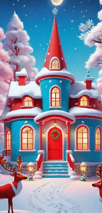 Enchanting winter house with reindeer and snow.