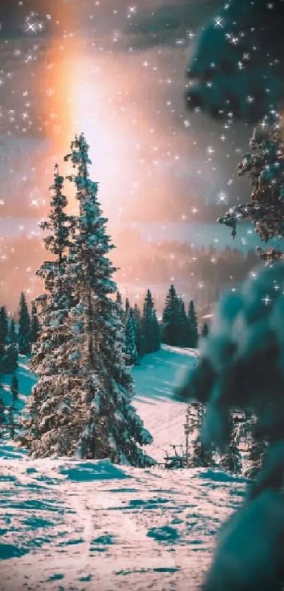 Winter wonderland with snow and starry sky.