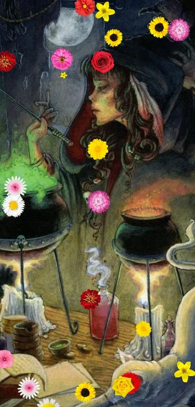 Artistic depiction of a witch brewing potions surrounded by flowers.