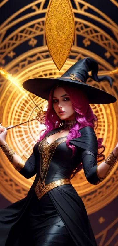 Enchanting witch with pink hair and golden patterns mobile wallpaper.