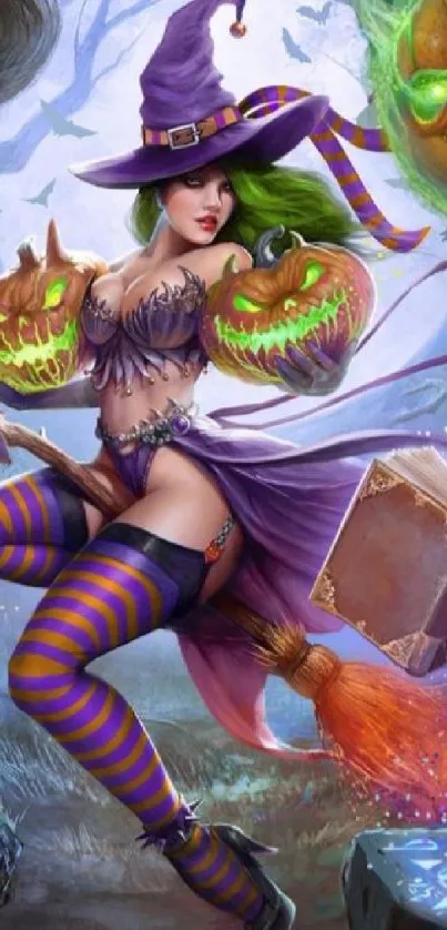 Enchanting witch in vibrant Halloween scene with pumpkins.