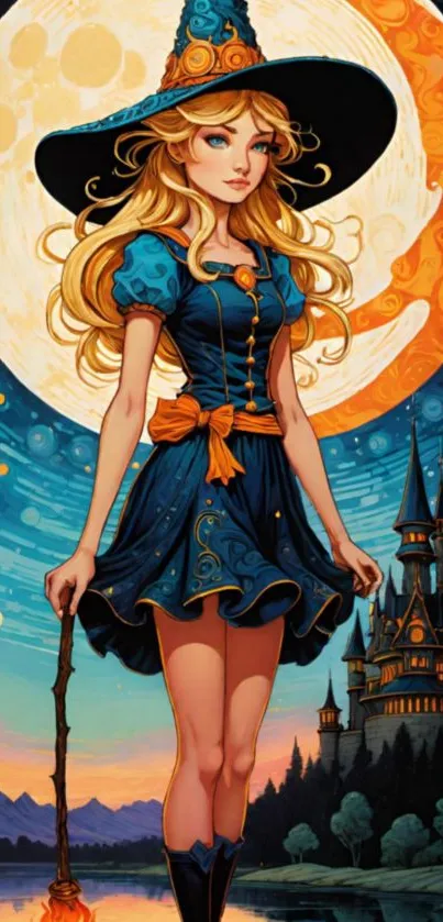 A witch with a magical castle under a large moon.