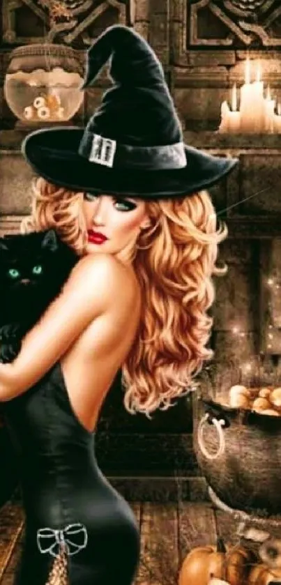 An elegant witch with a black cat in a Halloween setting.