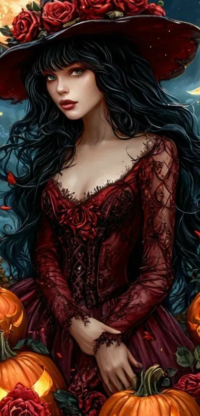A gothic witch with pumpkins under a full moon.