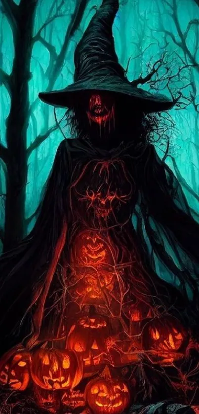 Witch with pumpkin lanterns in a mystical, blue forest setting.