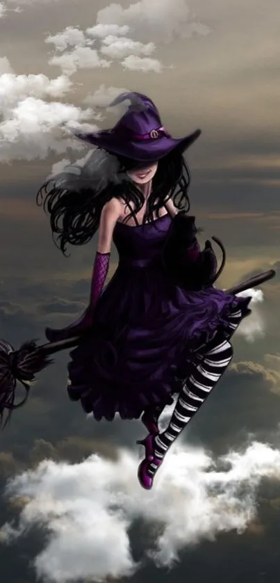 Mystical witch flying on broomstick through cloudy sky.