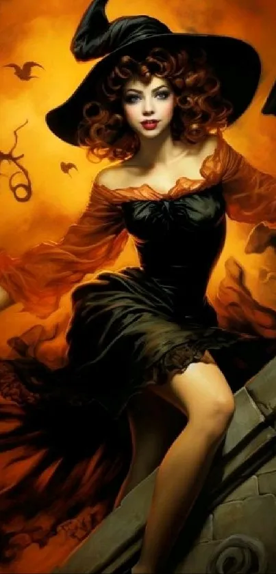 Mobile wallpaper of an enchanting witch in black with an orange moon backdrop.