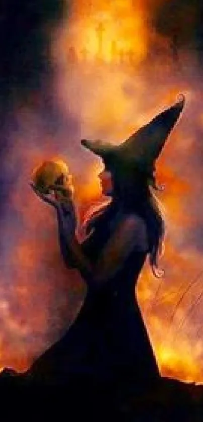 Silhouette of witch holding skull with fiery background.