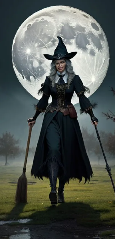 Enchanting witch walks in moonlit forest, featuring a dramatic full moon.