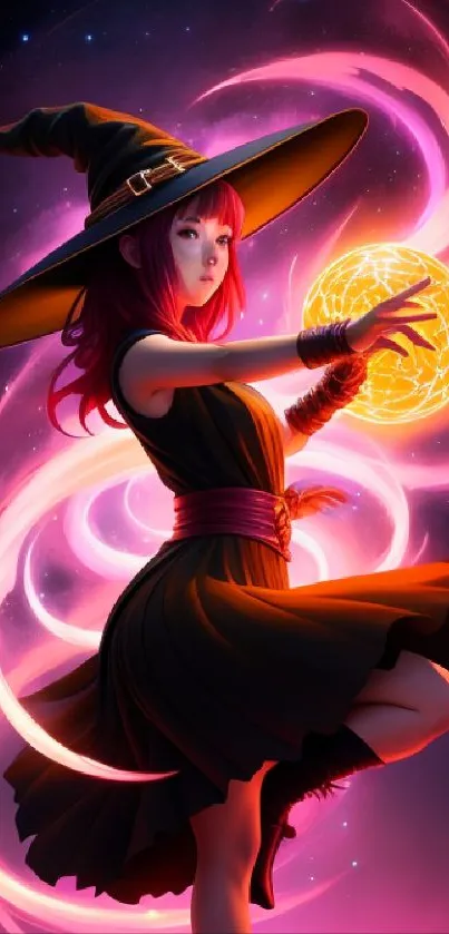 Enchanting witch with pink energy orb in a mystical scene.