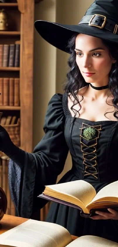 Witch in library holding a candle and book, surrounded by vintage style decor.