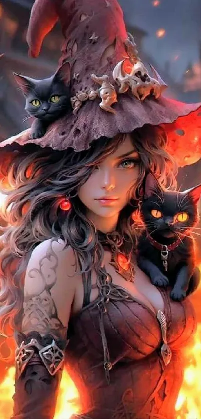 Mystical witch and black cats on fiery background wallpaper.