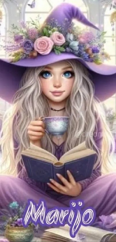 Whimsical witch in purple attire, sitting and reading.