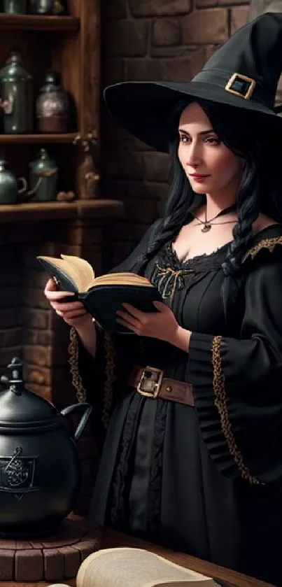 Witch reading a book in a mystical room setting, with cauldron and shelves.