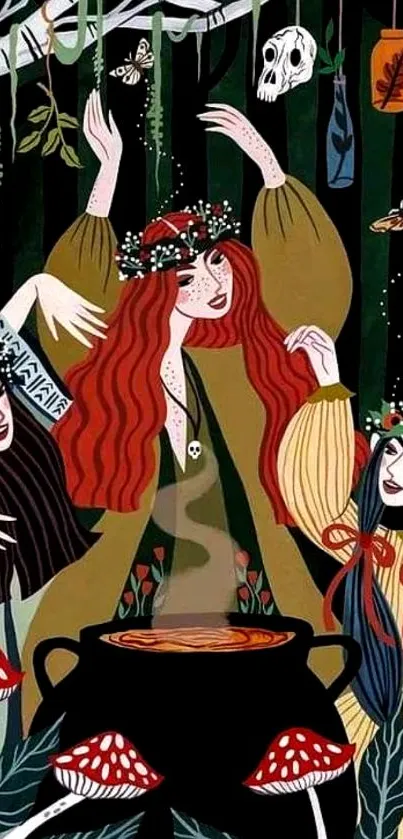 Illustrated witches around a cauldron in a mystical forest scene.