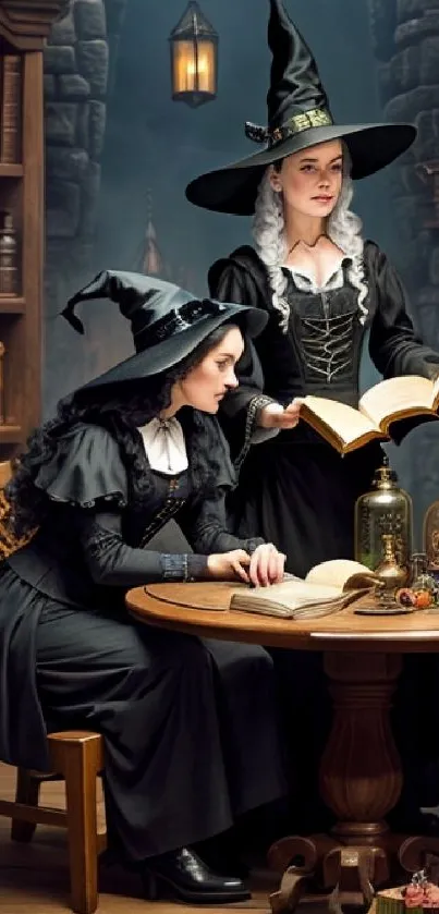 Two witches in a library setting with books and a cat.