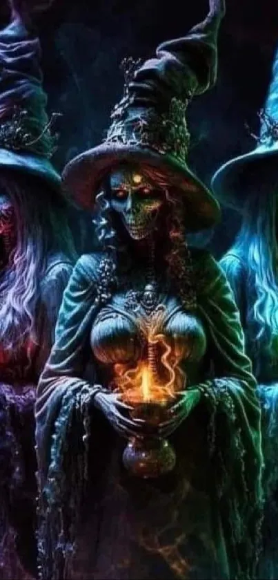 Enchanting trio of witches with glowing cauldrons in a mystical setting.