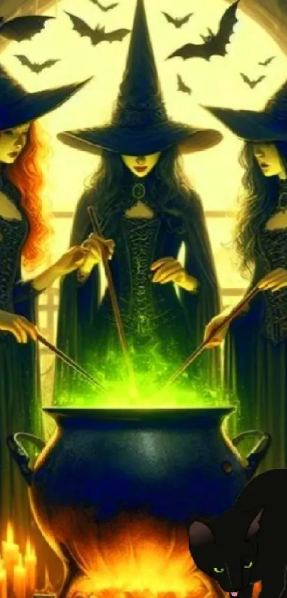 Three witches conjuring spells by a cauldron beneath the moonlight.