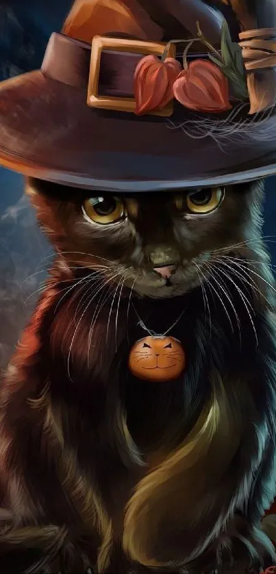 Mystical black cat with witch hat artwork.