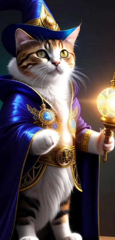 Fantasy wallpaper featuring a wizard cat in a blue robe with a glowing staff.