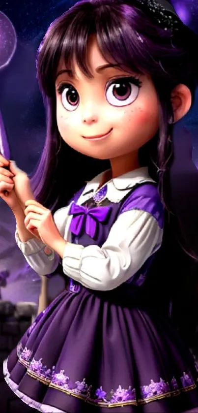 Cute wizard girl in purple dress holds magic wand amidst starry background.