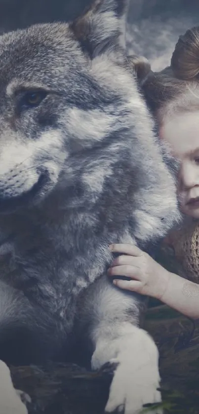 Girl hugging a wolf in a mystical forest setting.