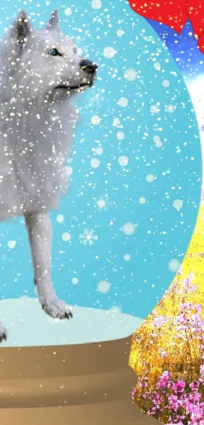 White wolf in a snow globe with hearts and meadow.