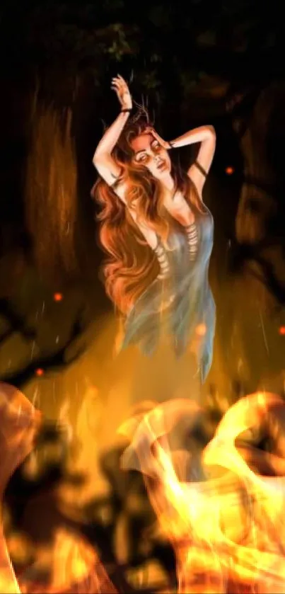 A woman immersed in flames with a mystical aura, set against a dark forest backdrop.