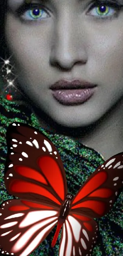 A woman with a vibrant red butterfly. Artistic and colorful mobile wallpaper.